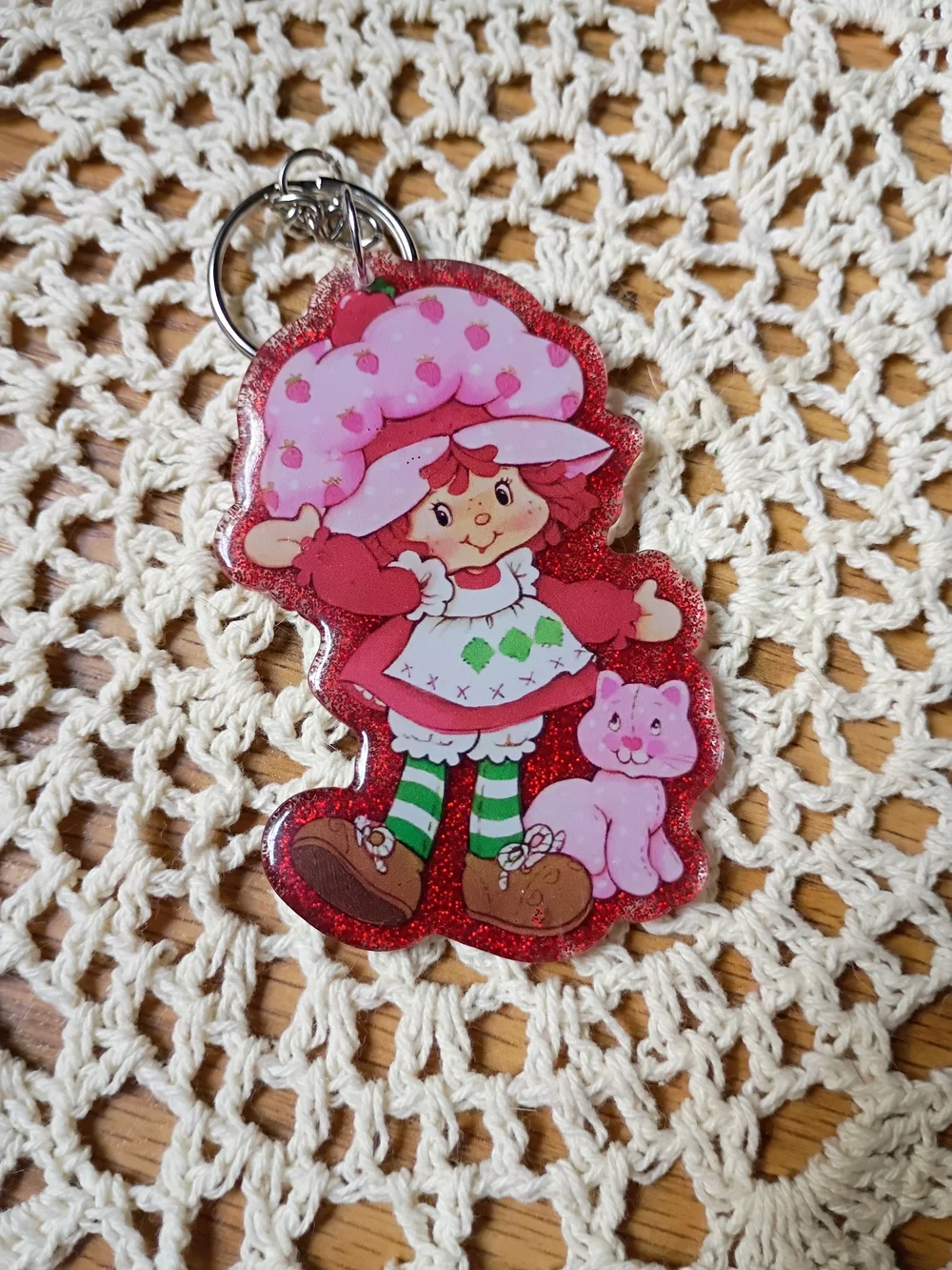 Pink Strawberry Girl Glitter Keychain Card Holder